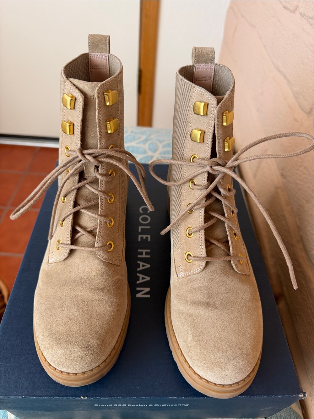Cole Haan Beige Suede Lace-Up Combat Boots with Gold-Tone Hardware